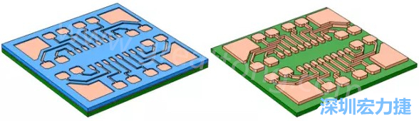銅被電鍍?cè)趯?dǎo)電種子層之上，從而填滿了PCB板上的圖形化光刻膠腔體(左)。清除光刻膠，蝕刻暴露出的種子層以分隔開不同的銅線(右)-深圳宏力捷