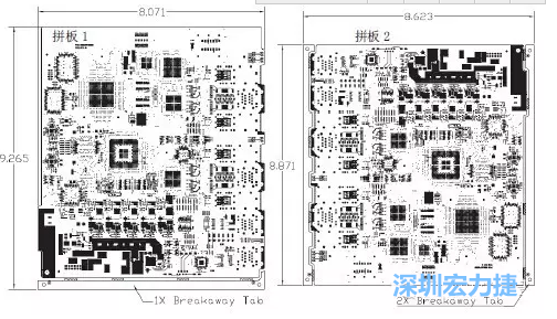 如圖7所示是使用不同數量邊條的拼板，拼板1僅使用了一個邊條，直接利用PCB另一邊作為SMT工藝傳送邊，并且PCB圖形中有合適的安裝孔；而拼板2則是按常規設計了兩個邊條。拼板方式為連接筋。圖中“Breakaway Tab”指邊條-深圳宏力捷