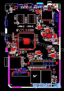 上圖是一個開發(fā)板的PCB，從布局中可以看出各個接口電路分離很明確，SDRAM和DDR以及SD卡接口電路等走線不會造成相互的干擾。-深圳宏力捷