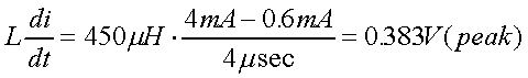 舉例來說，一個閘在"ON"而載有4mA的電流時，突然開關切到"OFF"且現在載有0.6mA的電流，假設開關時間為4msec，載有450mH的電感信號的導體，此時所產生的電壓突波為