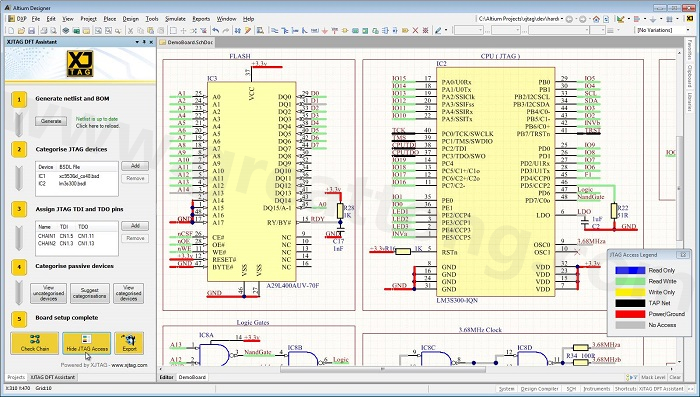 XJTAG DFT Assistant的Access Viewer模式可以清楚地顯示可用的測試存取層級，讓電路板設計人員在展開PCB布局以前的原理圖擷取階段盡可能地提高測試存取能力