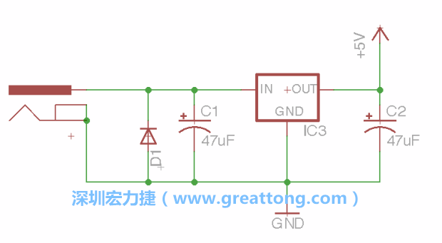 新增RBBB→Power_Jack，將它放在電壓調整器的輸入端旁邊。