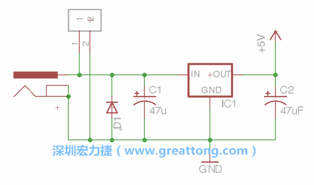 2.5.    新增一個二極體，它會以水平的狀態出現在屏幕上，請使用「旋轉（Rotate）」工具把它負極那一面朝上，并且用「網絡連接」工具將它連接在電壓調整器的輸入端和接地端之間。