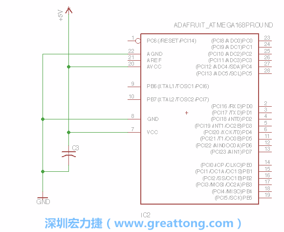 3.1.    新增微控制器晶片（RBBB → ATmega），把它放在電路原理圖的中央附近，把它的兩個接地接頭連接到接地訊號端。