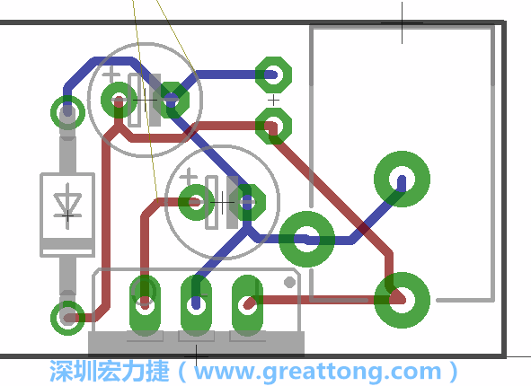 接地連結點的布線情形如下圖所示，利用這個練習來避免電路連線銳角化的產生是一個不錯的選擇，你可以在工具列中的彎曲線路（Wire Bend）選項里改變各種布線的變化。