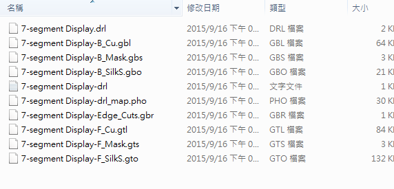 所謂Gerber檔，其實是包含一群檔案 (如下圖所示)，如包含正反面銅箔層 F.Cu B.Cu.，正反面文字面 F.Silkscreen ，B.Silkscreen，防焊層 SolderMask、板邊裁切Edge.Cuts 等。