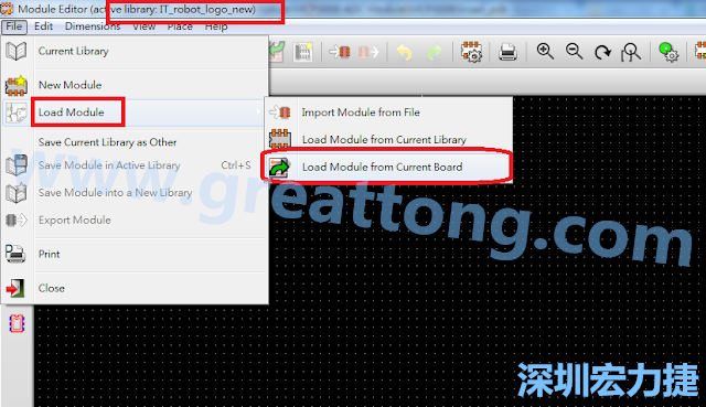 進入Module Editor去載入其他Footprint(Module)進來， 從目前的Active library (不過要先選取一個Current library ) 載入Module 或從目前正在編輯的PCB載入Module。