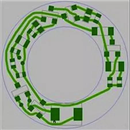 圖6：PCB布線例子：(a)拓撲式自動布線器(完成了100%導線的布線)；